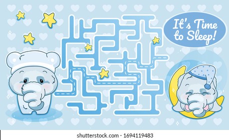 Its time to sleep labyrinth with cartoon character template. Elephant in pajamas find path maze with solution for educational kids game. Sleeping animal in nightcap printable flat vector layout