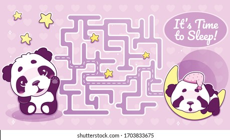 Es hora de dormir laberinto con la plantilla de caricaturas. Waving panda encuentra el laberinto de caminos con solución para el juego de niños educacionales. Animales durmiendo en un diseño crescent de vector plano imprimible