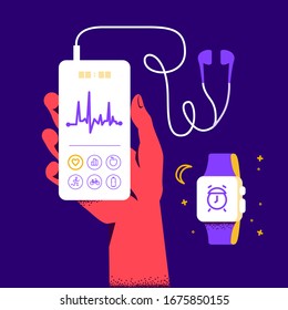 Time sleep mode and heart rate care concept. Human hand hold smartphone with pulse diagram on its screen and smart watch band. Vector flat illustration.