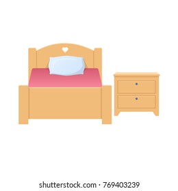 Time for sleep and rest. Bed, bed with blanket and pillow. Bedside table, chest of drawers with drawers. Home, comfortable furnishings and interior, a place to relax. Vector flat illustration.