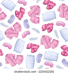 Time to sleep seamless pattern vector illustration. Cartoon isolated white feather of bird, comfort pillow and pyjamas from from pink shirt and shorts, fluffy slippers and mask with eyelashes to sleep