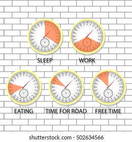 Time of sleep, work, eating. Time for road and free time, schedule of routine, vector illustration
