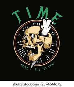 time slogan with skull and thunder strike on vintage clock background vector illustration