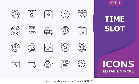 Time Slot icon set. Contains such icon as watch, day, calendar, timer and more. Date And Time modern icon. Minimalist icons collection. Vector artwork and illustration.