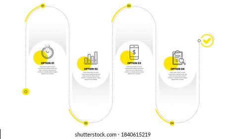 Time, Smartphone payment and Graph chart line icons set. Timeline process infograph. Search analysis sign. Clock, Mobile pay, Growth report. Find survey. Business set. Vector