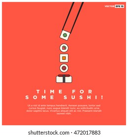 Time For Some Sushi! (Line Art in Flat Style Vector Illustration Quote Poster Design)