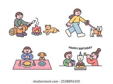 Tempo gasto com cães. Acampar, andar, comer e fazer festas de aniversário.