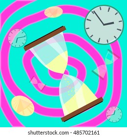 Time spiral vector image with different kinds of watches from different time periods in history on the blue background with pink spiral