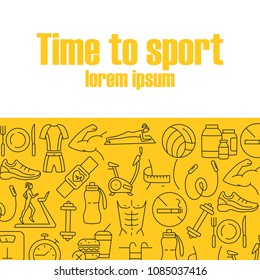 Time to sport banner with line icons healthy lifestyle proper nutrition daily workouts refuse bad habits vector illustration. Flat style design. Editable stroke. Place for text