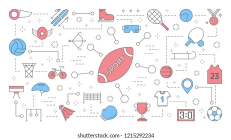 Time to sport concept. Idea of activity and competition. Football or tennis play, volleyball exercise and athletic contest. Set of colorful line icons. Isolated flat vector illustration