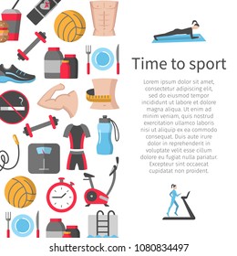 Time to sport flat banner with fitness and health icons vector illustration. Healthy lifestyle diet food training and sport equipment symbols. Copy space in right side. Isolated on white background