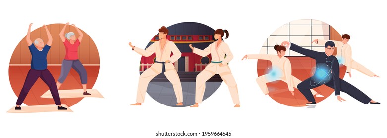 Time for sport flat icons set of old and young people executing qigong exercises or training in martial arts isolated vector illustration