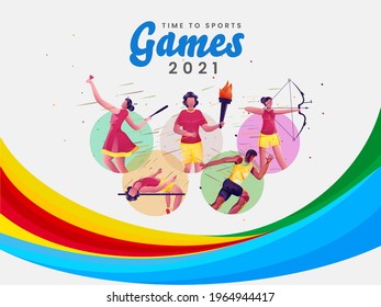 Time To Sport Games 2021 Poster Design With Cartoon Athletics In Different Poses On Abstract Background.