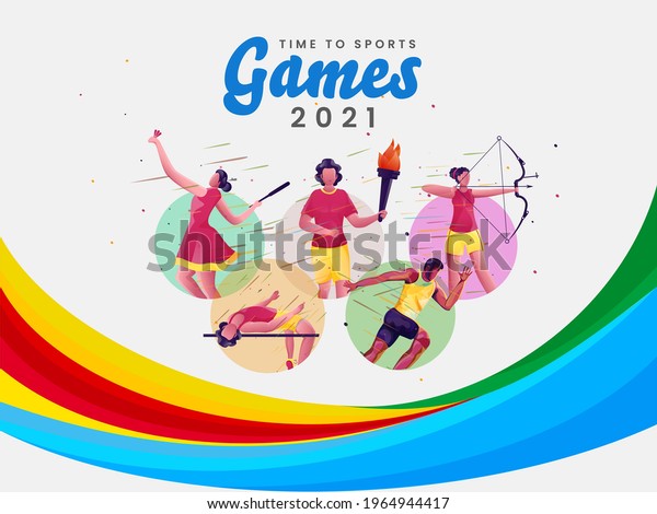 Time To Sport\
Games 2021 Poster Design With Cartoon Athletics In Different Poses\
On Abstract Background.