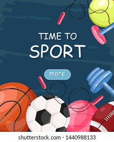 Time to sport Vector flat style. Baseball, basket ball, and weights. Sport brochure template
