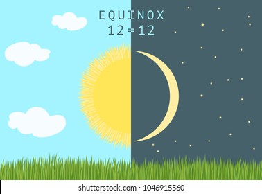 Time of spring equinox occurs around 20 March. Day equals night. Holiday Nowruz or Persian New year. Half Sun and half Moon over wheat germs. Vector illustration.