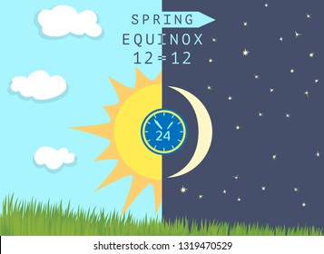 Time of spring equinox occurs around 20 March. Day becomes longer than night in the northern hemisphere. Half Sun and half Moon over growing wheat germs. Vector illustration. 