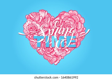 Time Spring inscription. Modern brush calligraphy. Hand drawn design elements. Logos and emblems. prints and posters. Vector illustration.
