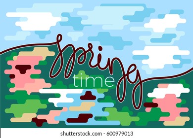 Time spring letter on colourful flat background. Handwritten lettering composition. Season vector illustration. Springtime poster. For t-shirt, fashion, prints, banner or packaging design