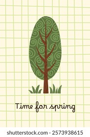 Time for Spring. Poster or banner with botanical elements, trees and grass on checkered background. Spring vector floral greeting card.