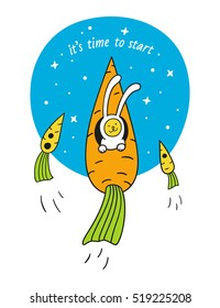 It is time to start. Bunny rabbit in the carrot-rocket is flying into space. Children vector illustration on white. Cute character design and graphic elements for kids. Cartoon hand drawn style.