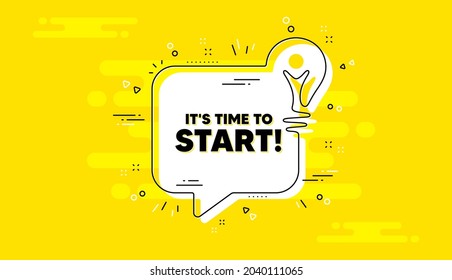 Es ist Zeit zu beginnen. Idea gelbe Chat-Blase-Banner. Sonderangebot-Schild. Symbol für Werberabatte. Zeit, Chat-Nachricht zu starten Glühbirne. Idee, heller Hintergrund. Vektorgrafik