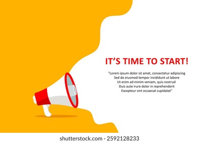 It's time to start. Megaphone yellow vector banner. Special offer sign. Advertising discounts symbol. Thought speech bubble with quotes. Time to start chat think megaphone message. Vector