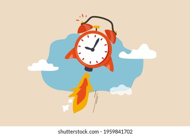 Time to start new business, entrepreneurship to launch project or time management concept, ringing alarm clock with rocket booster successfully launching high into the sky.