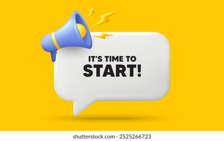 Es hora de empezar a etiquetar. Anuncio de la burbuja del discurso 3D con el megáfono. Señal de oferta especial. Símbolo de descuentos publicitarios. Hora de iniciar el mensaje de voz de chat. 3D oferta talk box. Vector