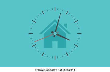 Zeit, um zu Hause Konzept bleiben. Vektorillustration der Uhr. Quarantäne