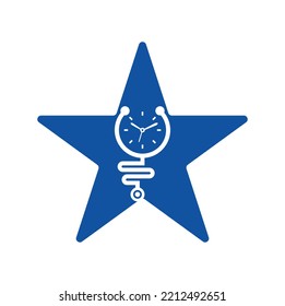 Time Stethoskop Sternform Konzept Vektorlogo Design Vorlage. Logo-Konzept für Gesundheit und Medizin oder Pharmazie.	