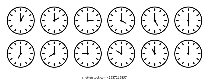 Tempo, cronômetro, relógio horas conjunto de sinais isolados símbolo. Ícone de vetor de relógio definido. Assista, ícone do tempo vetor. Relógio a cada hora. Relógios mostrando várias horas. Relógio de parede ajustado. Ilustração vetorial.