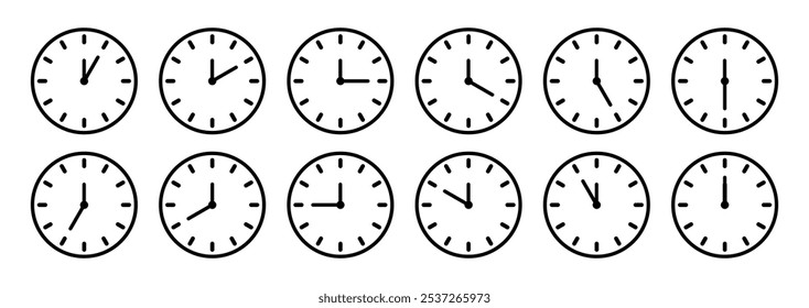 Time, stopwatch, clock hours set of isolated signs symbol. Clock vector icon set. Watch, time icon vector icons. Clock every hour. Clocks showing various time. Wall clock set. Vector illustration.