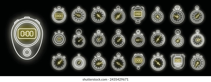 Time stopwatch icons set outline vector. Clock timer. Sport stopwatch neon isolated