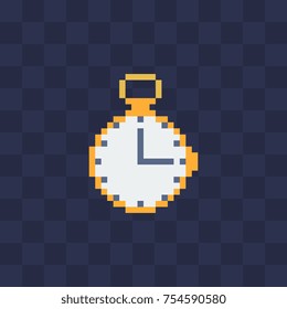 Time and stopwatch. Web site icon. Sticker design. Video game sprite. Pixel art style. Isolated vector illustration.