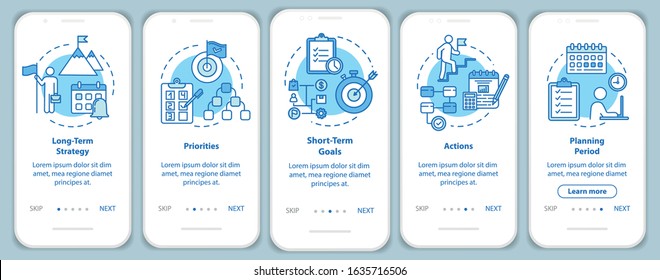 Time strategies onboarding mobile app page screen with concepts. Planning and scheming. Targeting walkthrough 5 steps graphic instructions. UI vector template with RGB color illustrations