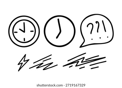 El estrés del tiempo y el concepto de presión de la fecha límite con el caos del reloj apresuran los pensamientos y la ilustración del doodle de la ansiedad
