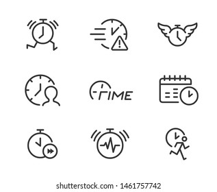 Time stress line icons. Concept of busy schedule, time management, running late, work deadline.