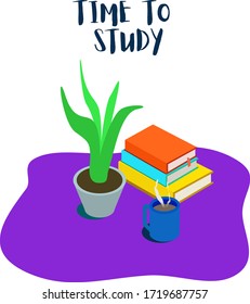 Tiempo para estudiar ilustración vectorial isométrica con libros, gorra y planta. Usa esto para tu sitio web. Educación durante la pandemia del mundo. 