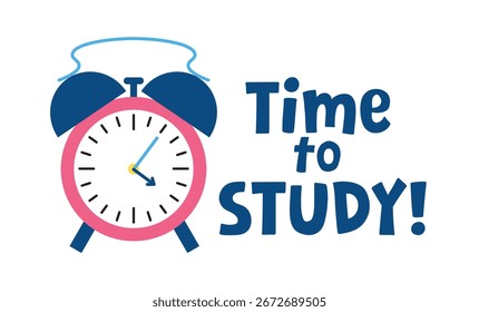 Hora de estudiar Anuncio Horizontal con un despertador rosa. Ilustración vectorial