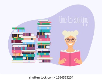 Time to studying. Girl reading a book. Science concept with book icons.
Flat design modern vector illustration concept.