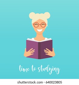 Time to studying. Girl reading a book. Flat design vector illustration.