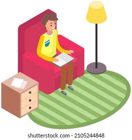 Time to studying. Young man reading book. Living room concept with armchair, student or businessman. Guy is sitting at home in chair with book is engaged in self-education, or hobby in his spare time