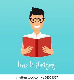 Time to studying. Young man reading a book. Flat design vector illustration.