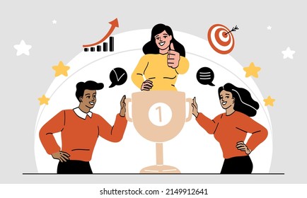 Time success concept. Men and girl next to gold cup or trophy, celebrating success. Competition winning team. Colleagues successfully completed common project. Cartoon flat vector illustration