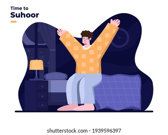 Time to suhoor at early morning. People wake up from sleep to carry sahur or suhoor activity. Muslim person wake up early morning to sahur or suhoor when fasting. Sahur time. Suhoor time. 