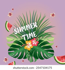 time summer image with tropical leaves and watermelons. Green juicy leaves on the background png