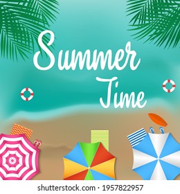 The time of summer. Top view beach background with umbrellas, sandals and the sea. Aerial view of the summer beach. vector.