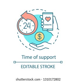 Time Of Support Concept Icon. Donate App Idea Thin Line Illustration. Charity And Volunteering. Around The Clock Help. Vector Isolated Outline Drawing. Editable Stroke