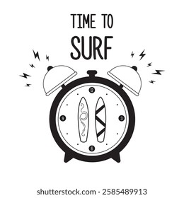 Time to surf. Alarm clock with surfboards, monochrome design isolated on white background. Surfing on tropical beach. Black icon or sign. flat vector illustration